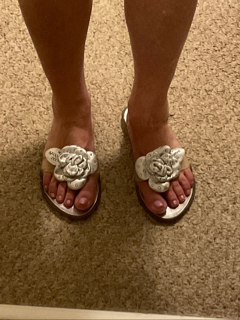 Stuart Weitzman Silver and crystal  Floral Applique Slide Sandals